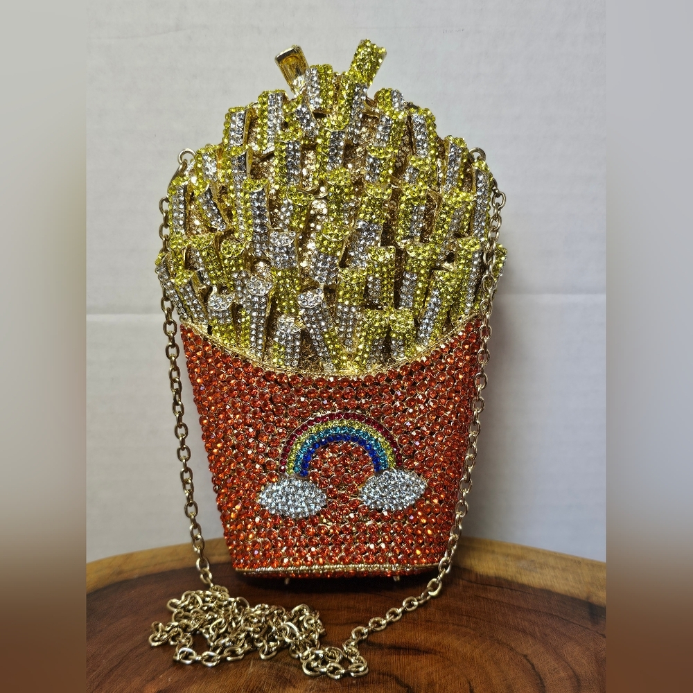 Beautiful Swarovski Crystals French Fries Orange Crossbody Clutch Bag